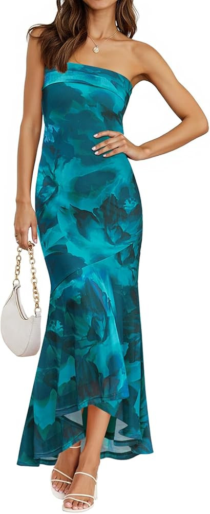 MEROKEETY Women's Summer Strapless Floral Maxi Dress 2026 Bodycon Mesh Wedding Guest Cocktail Par... | Amazon (US)