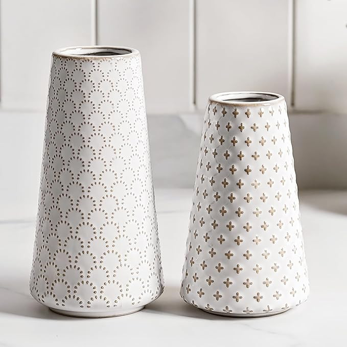 Ceramic Vase for Decor, 6 Inch+7.1 Inch White Flower Vase for Lego Flowers, Tulip and Pampas Gras... | Amazon (US)