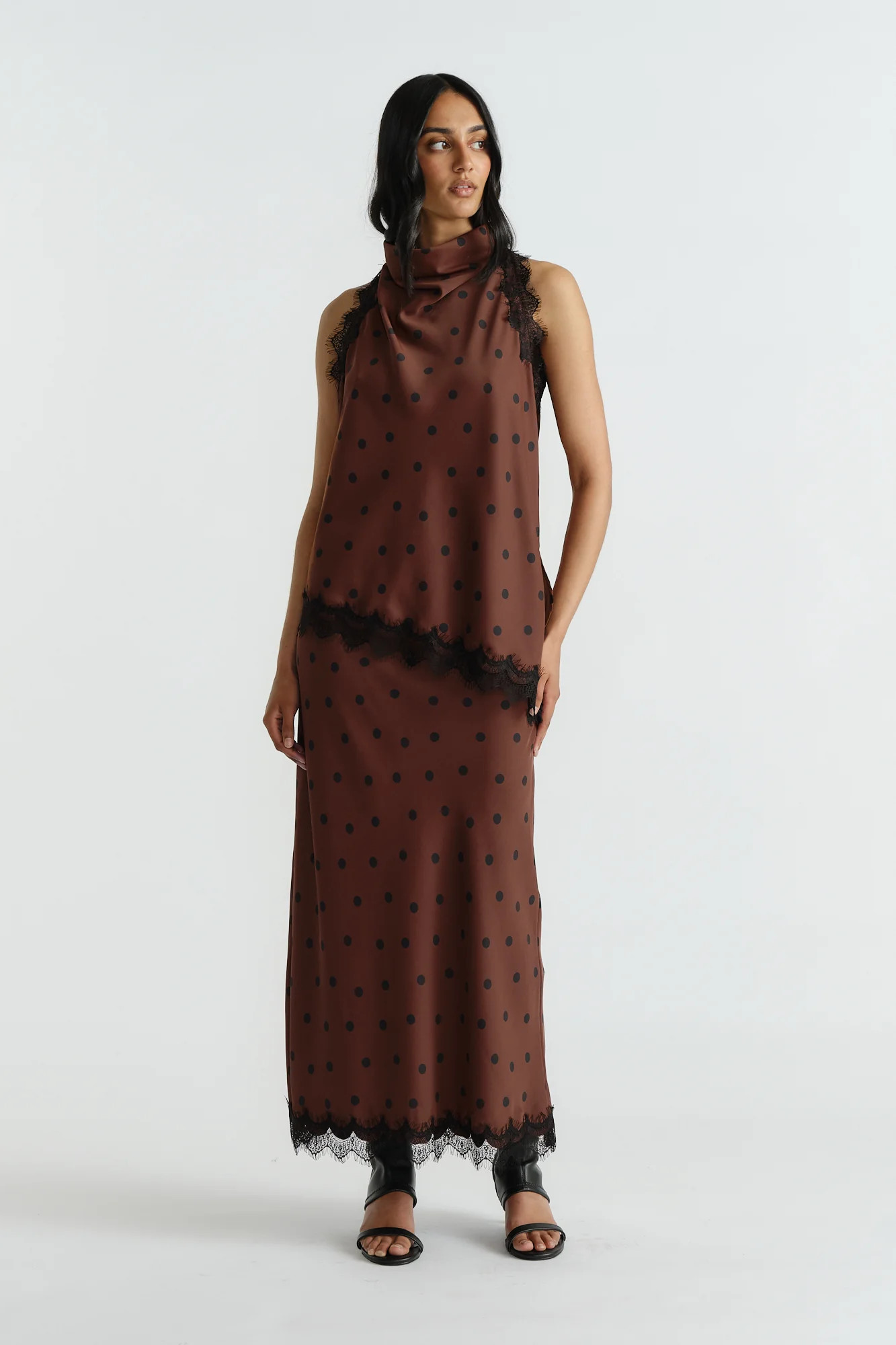 Penny Lace Trim Halter Top - Rich Mocha Spot | DECJUBA