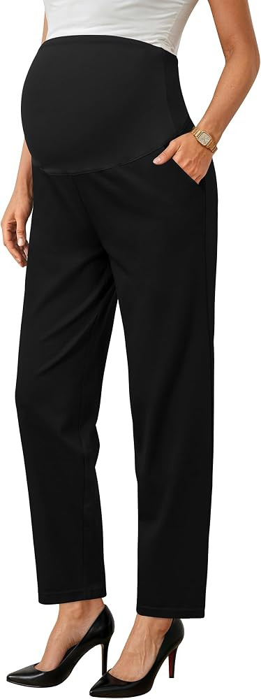OUGES Womens Stretchy Maternity Over Belly Casual Work Straight Leg Pants Ankle Business Office T... | Amazon (US)