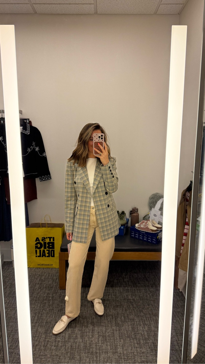 Avec Les Files double breasted plaid blazer, BP body suit, tan Pistola jeans, and my fav Sam Edelman loafers at Nordstrom! Nordstrom Anniversary Sale / NSALE 2025. Workwear. Teacher outfits. Back to school. 

#LTKWorkwear #LTKSaleAlert #LTKOver40