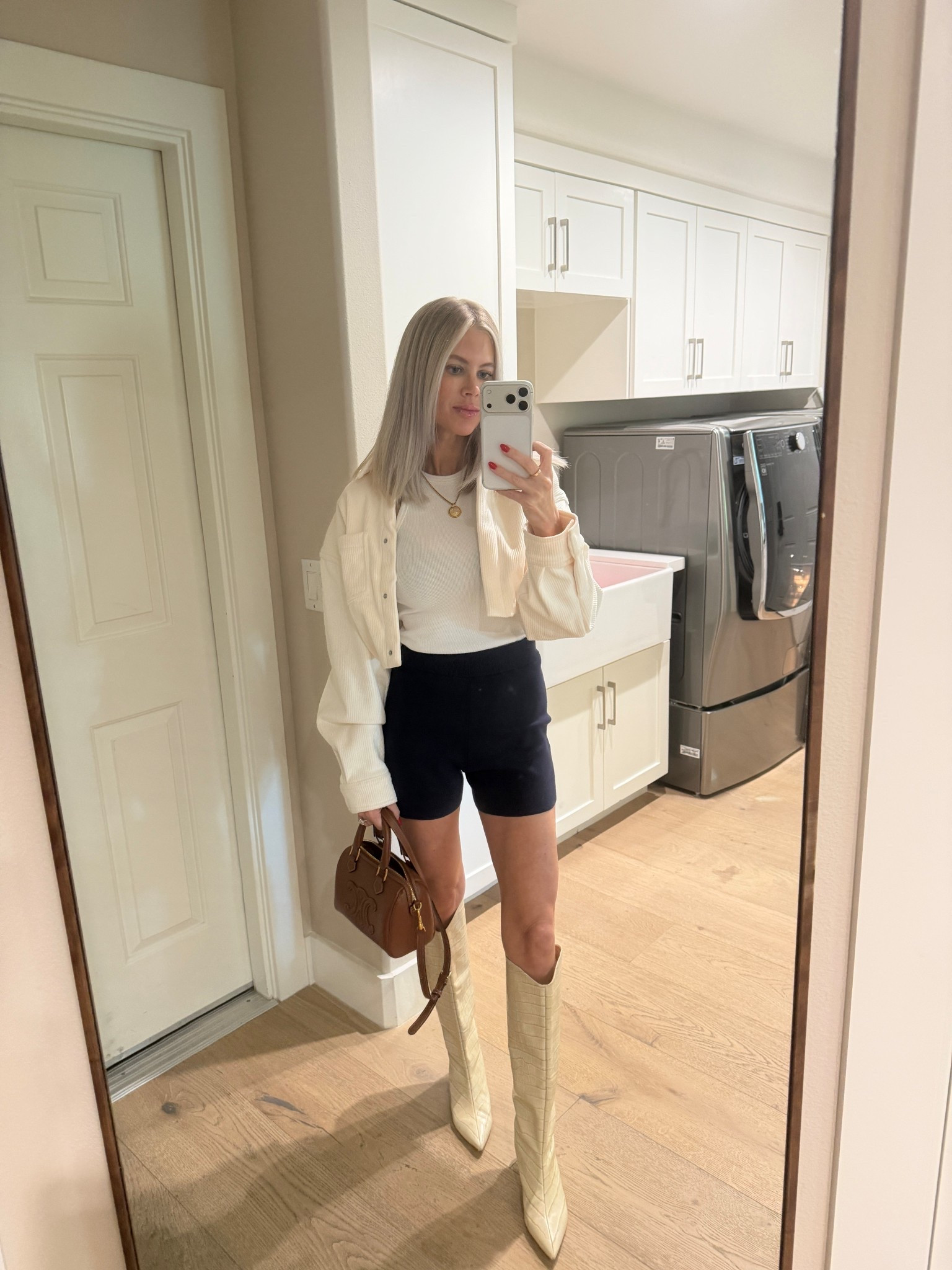 Fall but be a rebel and wear white. This jacket also is available in black & it’s so cute and versatile. The fabric is extremely soft too. Runs tts. Boots are also tts 👢 