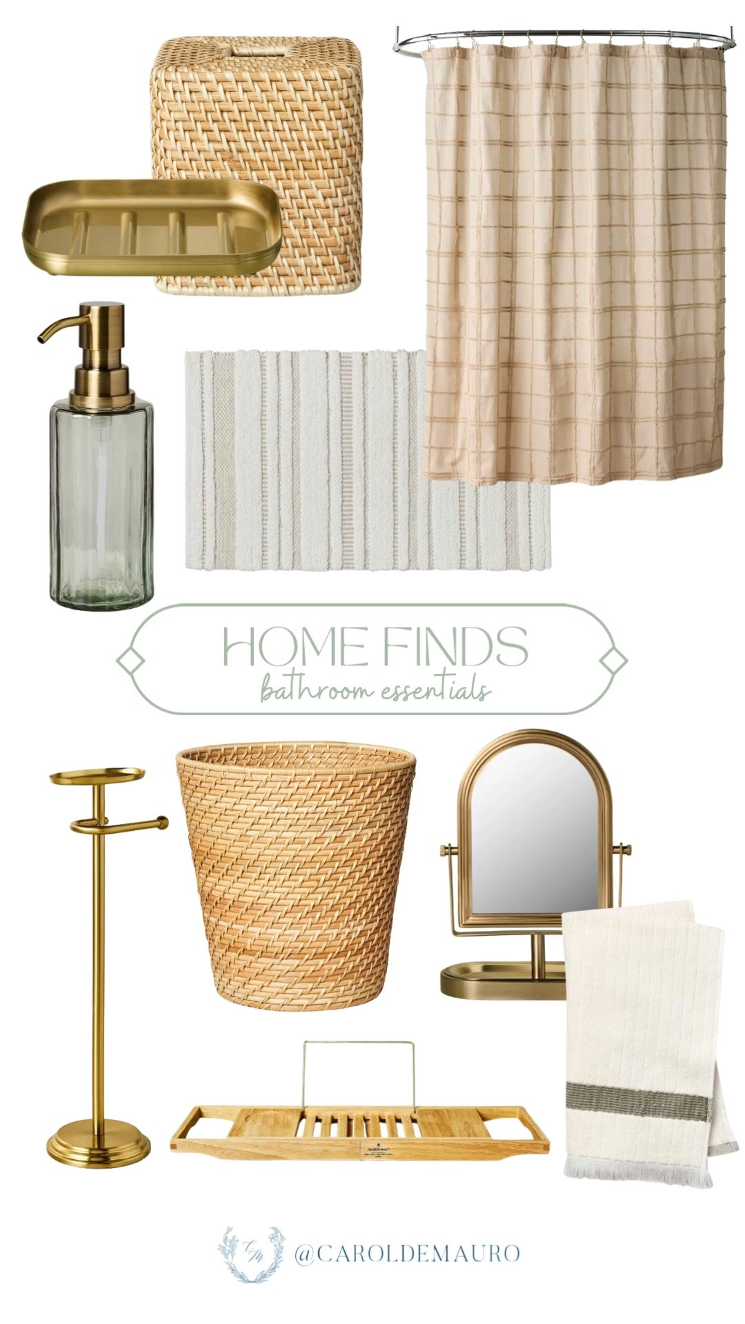 bathroom essentials, target finds, home finds, home decor, shower curtain, rattan decor, woven tissue holder, woven trash bin, glass, soap dispenser, bathtub caddy, bath towels, mirror, bathroom rug, neutral style, modern farmhouse

#LTKHome