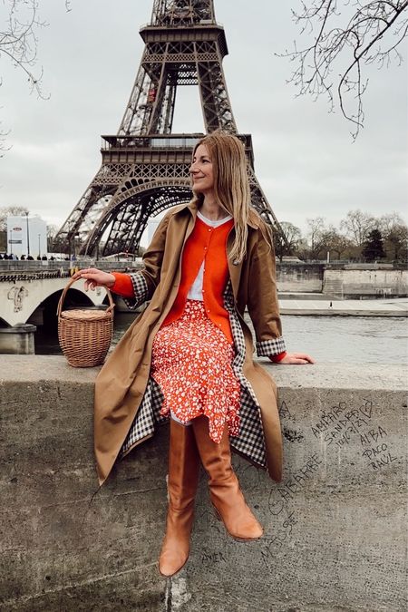French girl style outfit of the day! Red midi floral skirt paired with a cozy red cardigan and an oversized trench coat. Comfy and cute! A truly timeless Parisian style outfit 