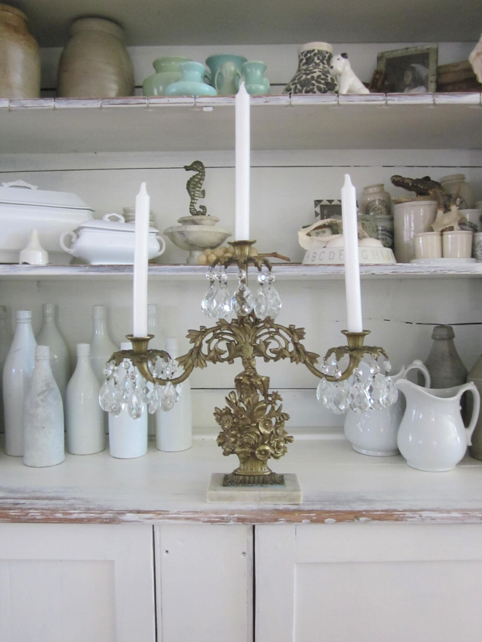 Antique Brass Three Arm Mantel Luster Girandole with Crystal Prisms Candelabra, Hollywood Regency... | Etsy (US)