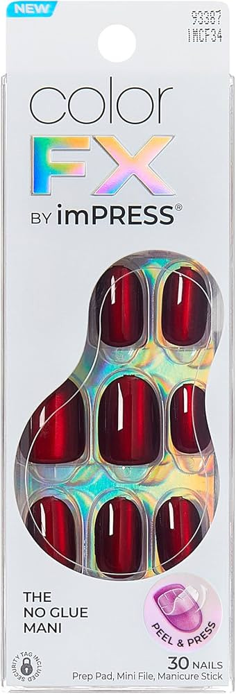 KISS imPRESS No Glue Mani Press On Nails, ColorFX, 'Hidden Gem', Red, Short Size, Oval Shape, Inc... | Amazon (US)