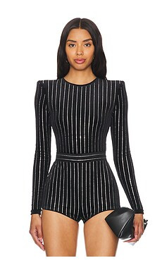 Alex Perry Crystal Velvet Long Sleeve Bodysuit in Black from Revolve.com | Revolve Clothing (Global)