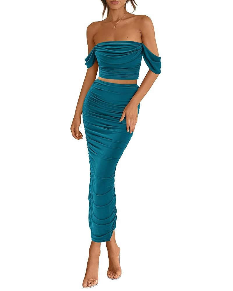 PRETTYGARDEN Women Sexy Two Piece Outfits Summer Off Shoulder Ruched Bodycon Mesh Cocktail Club S... | Amazon (US)