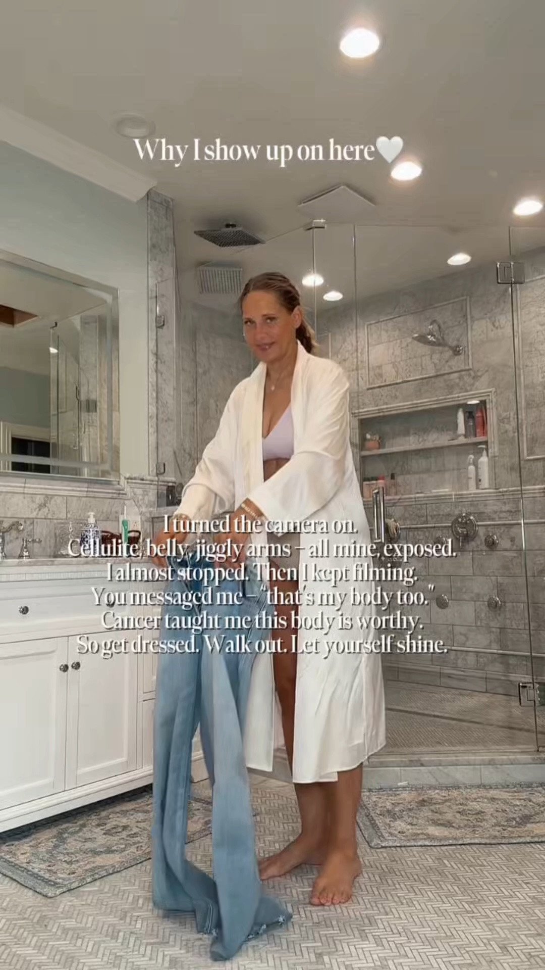 The first time I turned the camera on myself, I almost turned it back off.

There I was — cellulite on my legs, catching the light. A little meno belly pooch that no amount of sucking in was hiding. Arms that jiggle when I wave. Not a filter in sight.

I’m 54. A survivor. I’ve raised kids, buried the version of myself that used to exist before all of it, and somewhere in there I stopped looking in mirrors on purpose.

But I hit record anyway.

And you showed up. Not the size 00 girls. You. The size 10 woman who’s been hiding in the “flattering” angle, the good lighting, the caption that apologizes before anyone even asked. You saw your own arms in mine. Your own belly. Your own soft, lived-in, survived-something body. And you told me so — over and over, in comments, in DMs, in messages that made me cry at my kitchen table.

So here’s what I’ve learned: showing up isn’t about a before-and-after. It’s not a crazy fitness journey. It’s a walk most mornings. Some weights, some yoga, some days neither. It’s a real outfit instead of the same tunic sweater for the fourth day running. Small, daily dedication — to feeling good, not to looking a certain way.

Surviving cancer taught me that this body is not the enemy. It’s the whole point.

If you’ve been waiting for permission to hit record, to get dressed with intention, to walk out the door and let yourself shine exactly as you are — this is it.

You’re not alone in that mirror. I’m standing right there with you.

My fav shirt of the summer is on too!  I couldn’t wait to share!

#LTKootd #LTKOver40 #LTKSaleAlert