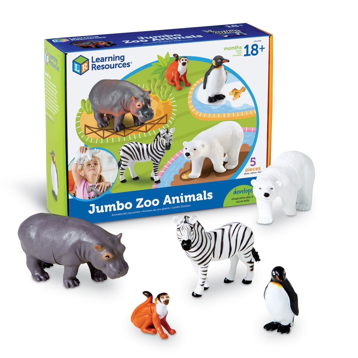 Learning Resources Jumbo Zoo Animals I Monkey, Penguin, Zebra, Polar Bear, and Hippo, 5 Animals | Target