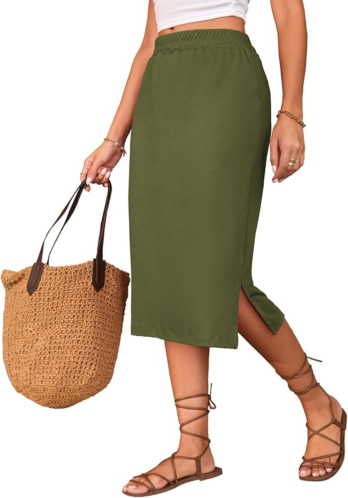 Midi Skirts for Women Summer Elastic High Waisted Side Slit Long Skirts | Amazon (US)