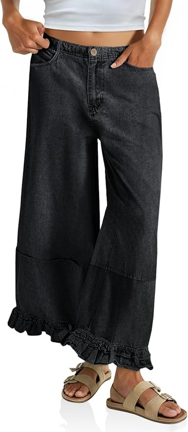 Cicy Bell Womens Ruffle Wide Leg Jeans Cropped Elastic High Waisted Baggy Denim Pants with Pocket... | Amazon (US)