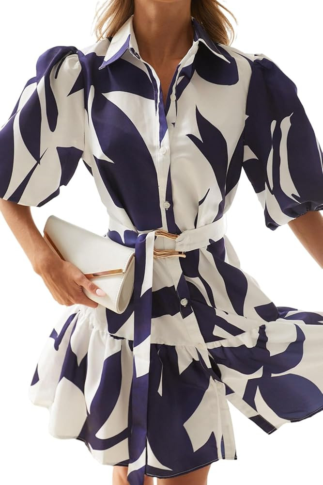 futurino Women Single Breasted A-line Dress, Floral Printed Boho Style Lantern Short Sleeve with ... | Amazon (US)