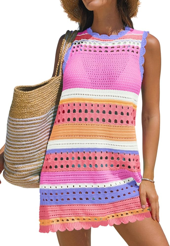 popvil Women’s Swimsuit Crochet Swim Cover Up 2026 Sleeveless Loose Bathing Suit Swimwear Mesh ... | Amazon (US)