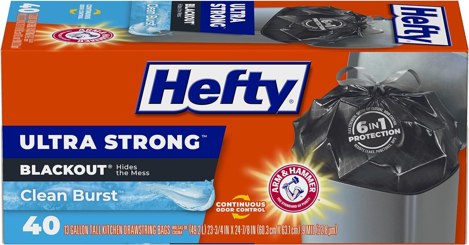 Hefty Ultra Strong Tall Kitchen Trash Bags, Blackout, Clean Burst, 13 Gallon, 40 Count | Amazon (US)