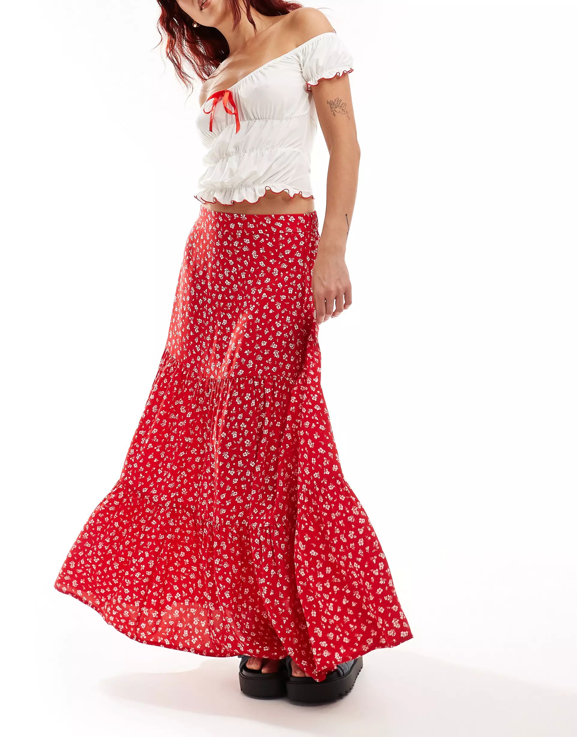 Monki tiered maxi skirt in red meadow floral | ASOS (Global)