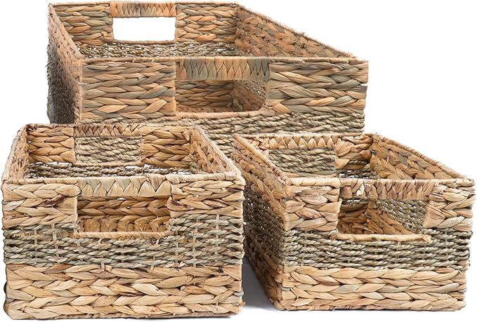 ATHENA HOME Foldable Storage Baskets, Set of 3 Wickers Woven Basket | Natural Shelf Baskets (Wate... | Amazon (US)