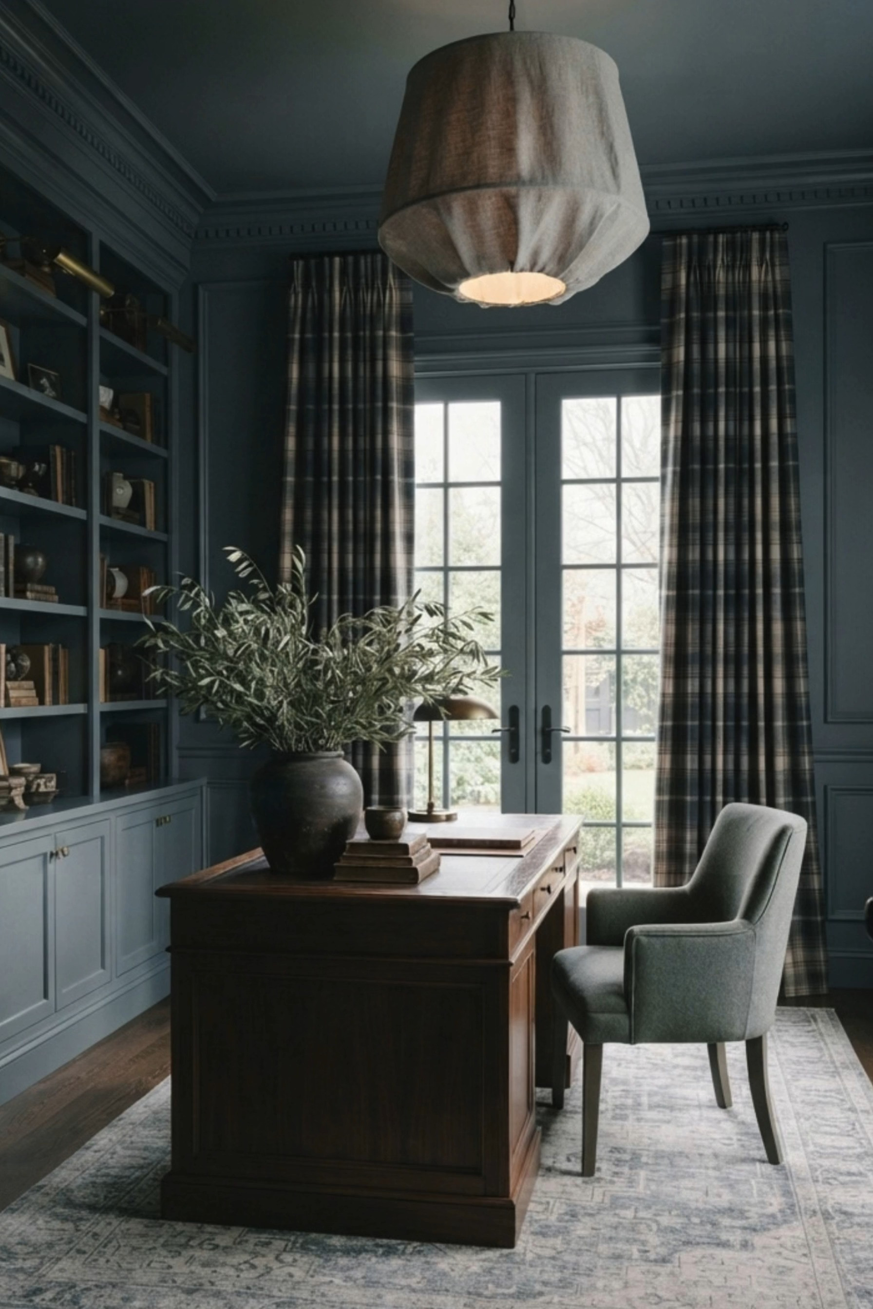 Moody Home Office Inspiration 🖤 This sophisticated home office blends moody traditional style with timeless English-inspired interiors, featuring deep blue-gray built-in bookshelves, classic wall molding, plaid drapery, and a rich wood executive desk. A vintage-inspired area rug, upholstered desk chair, oversized linen pendant light, collected books, antique-style accessories, and an organic branch arrangement add warmth and character to the dramatic color-drenched space. The layered textures and dark, sophisticated palette create a cozy luxury office that feels both polished and inviting.

🖤 If you want to see more content like this, FOLLOW maeveandmodern on LTK, Instagram, and Pinterest! Check out our blog where we post daily, maeveandmodern.com!

Moody Home Office | Home Office Inspiration | Traditional Home Office | English Country Office | Dark Home Office | Blue Gray Office | Color Drenched Room | Built In Bookshelves | Home Library Ideas | Office Built Ins | Executive Desk | Wood Office Desk | Plaid Curtains | Plaid Drapery | Vintage Inspired Rug | Linen Pendant Light | Upholstered Desk Chair | Office Decor Ideas | Luxury Home Office | Cozy Home Office | Traditional Interior Design | Modern Traditional Decor | English Country Decor | Collected Interiors | Dark Academia Decor | Moody Interiors | Home Library Decor | Classic Home Design | Fall Home Inspiration | Sophisticated Office Decor

#LTKHome #LTKSaleAlert #LTKSeasonal
