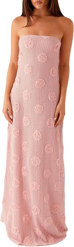 UAURORAO Women 3D Floral Dress Strapless Flower Embellishments Tube Long Dress Crochet Knitted Em... | Amazon (US)