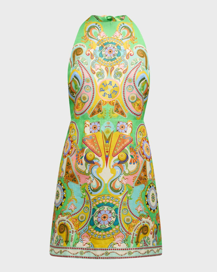 ALEMAIS Pinball Backless Tie-Neck Linen Silk Printed Mini Dress | Neiman Marcus