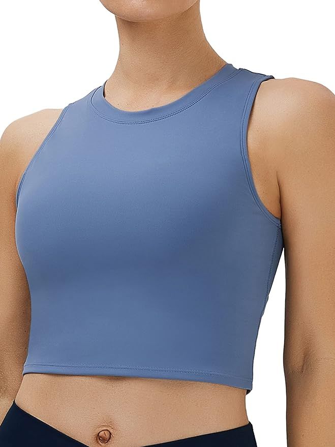 Womens Sport Bras High Neck Removable Padded Yoga Crop Tops Longline Workout Tank Tops | Amazon (US)