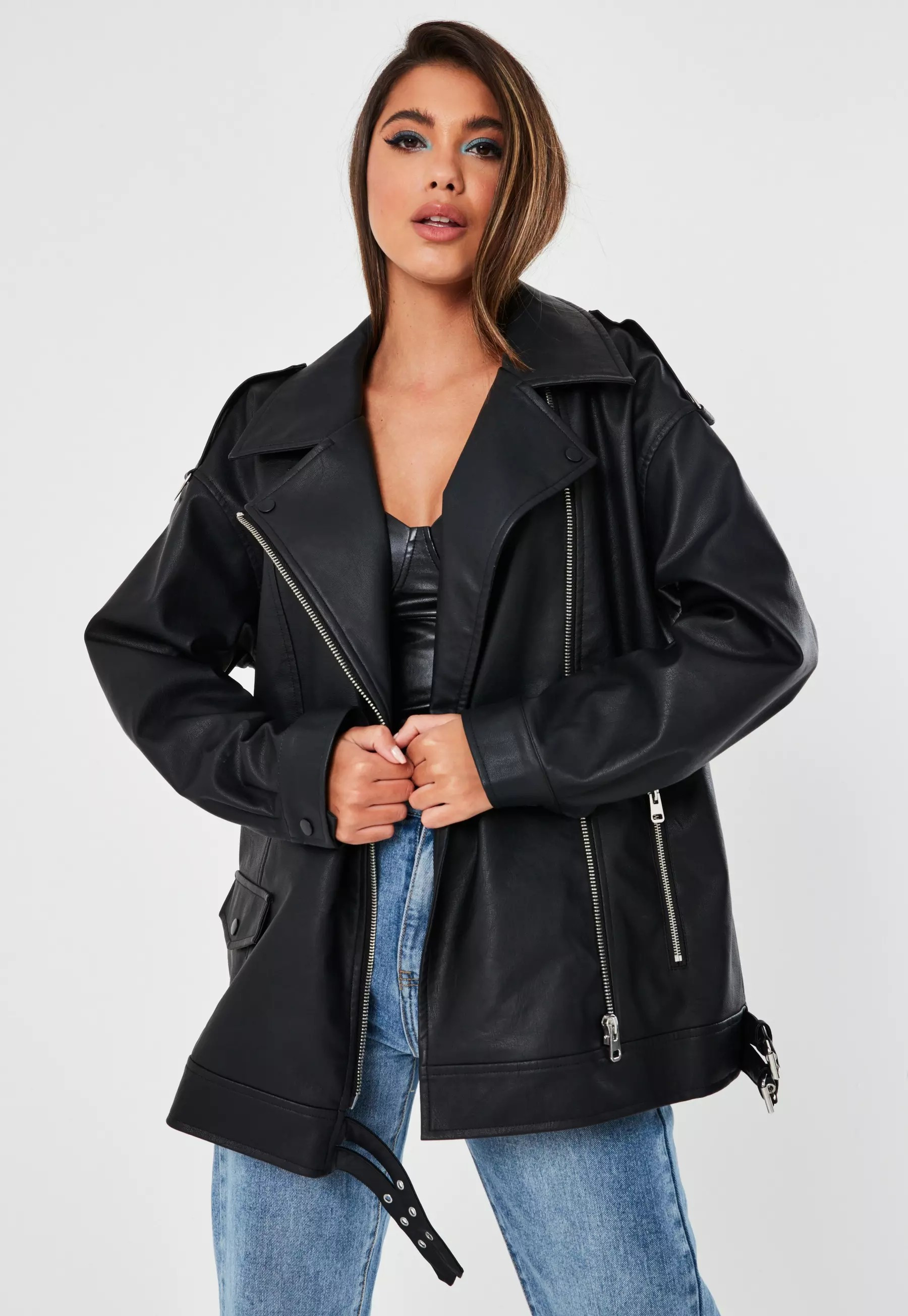 Oversized Black Faux Leather Long Vintage Biker Jacket | Missguided (US & CA)