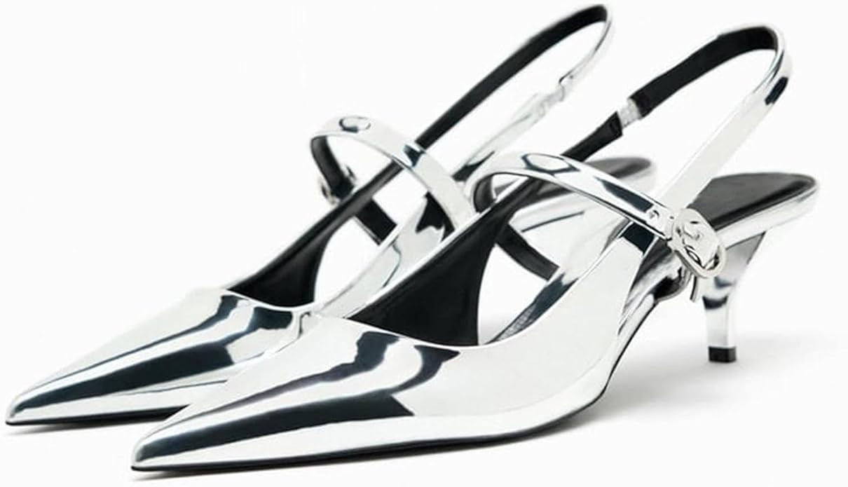 DREAMCIA Metallic Silver Slingback Heels for Women,Women's Slingback Kitten Heel with Pointed Toe... | Amazon (US)