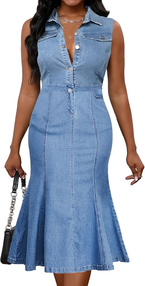 Women's Denim Dress Sexy V Neck Bodycon Denim Mini Dress | Amazon (US)