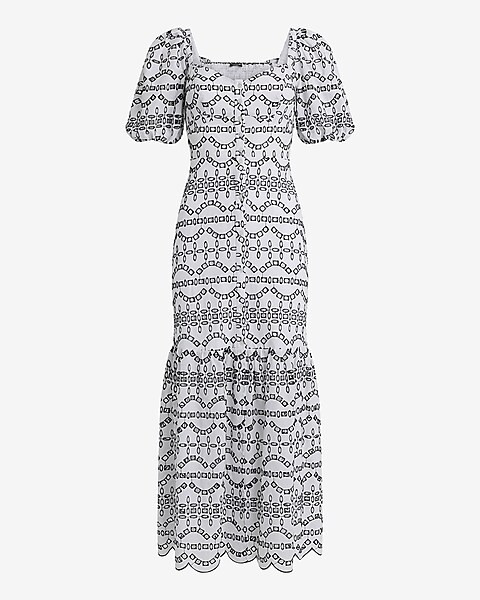 Eyelet Puff Sleeve Button Front Tiered Maxi Dress | Express