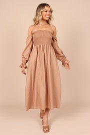 Domenica Shirred Long Sleeve Midi Dress - Tan | Petal & Pup (US)