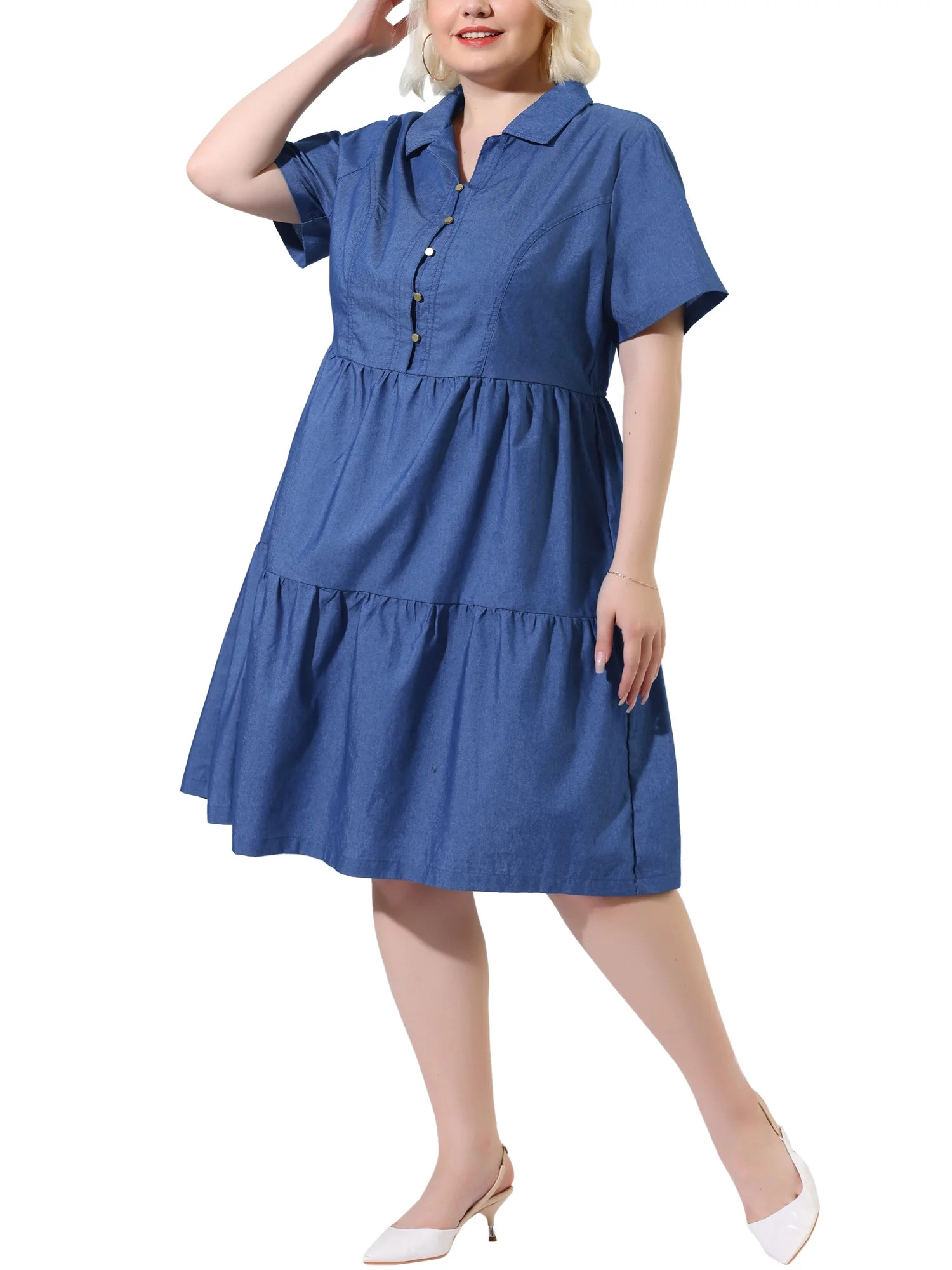 Agnes Orinda Women's Plus Size Babydoll Short Sleeves Tiered Buttons Chambray Shirt Dresses - Wal... | Walmart (US)
