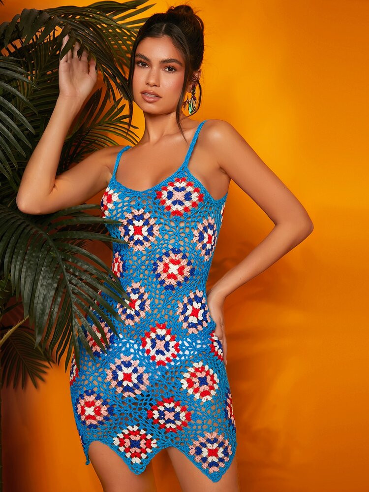 SHEIN Open Knit Geo Pattern Chevron Hem Cami Sweater Dress Without Panty | SHEIN