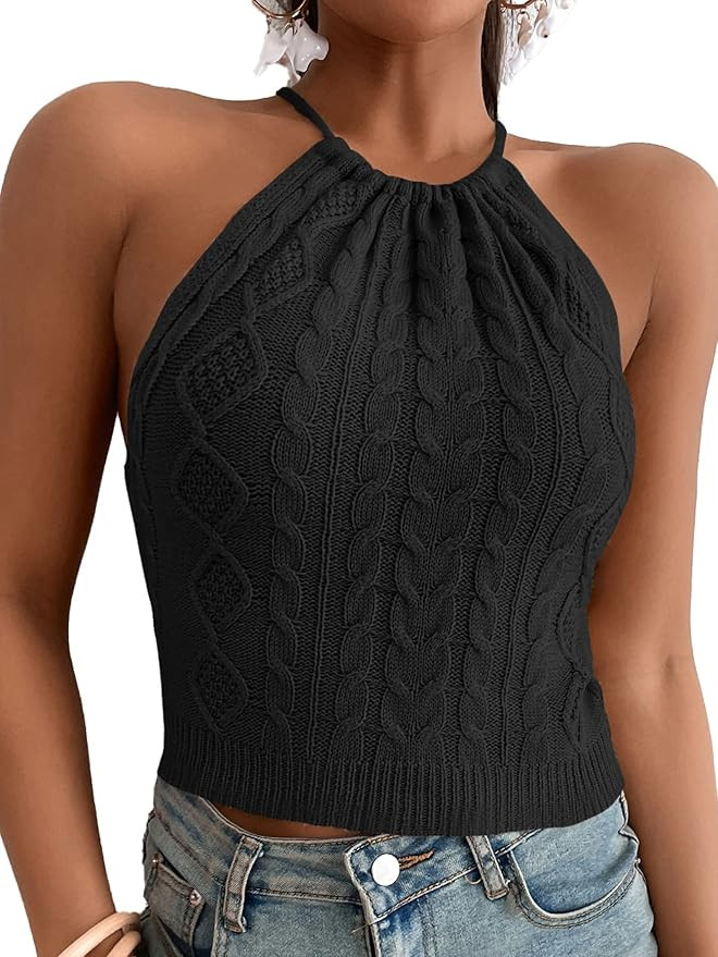 Verdusa Women's Lace Up Tied Backless Cable Knit Sleeveless Halter Crop Top | Amazon (US)