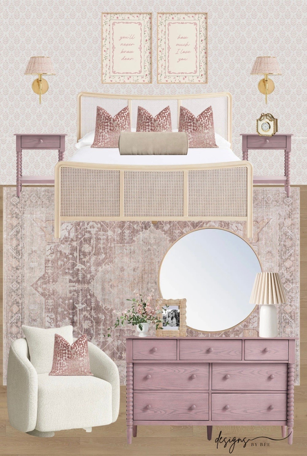 cane bed, rattan bed, pink spindle dresser, pink nightstands, brass wall sconces, pleated lampshades, vintage style pink rug, pink patterned wallpaper, floral wall art, white boucle swivel chair, round brass mirror, grandmillennial decor, modern traditional bedroom, girls bedroom design, big girl room, nursery decor, pink throw pillows, woven picture frame, table lamp, modern classic design