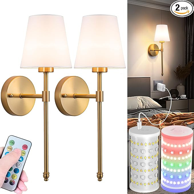 Battery Operated Wall Sconces Set Of 2, Wireless Battery Wall Light With 10000mAh RGB Rechargeabl... | Amazon (US)