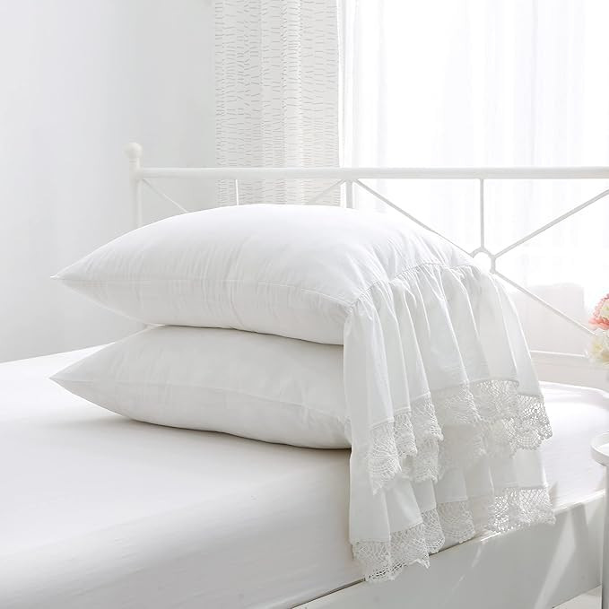 Ivory White Crocheted Lace Pillow Shams with Long Ruffles Cotton Standard Twin Size Pillowcases 2... | Amazon (US)