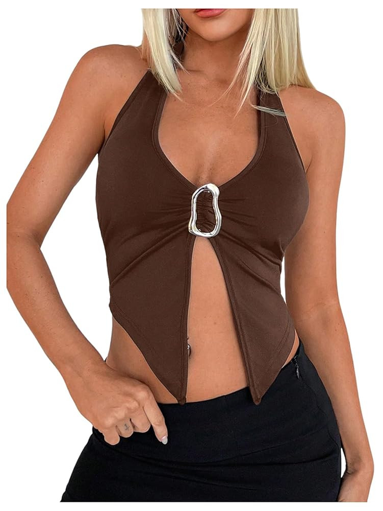 SOLY HUX Women's Halter Top V Neck Sleeveless Split Hem Backless Y2k Crop Tank Tops | Amazon (US)