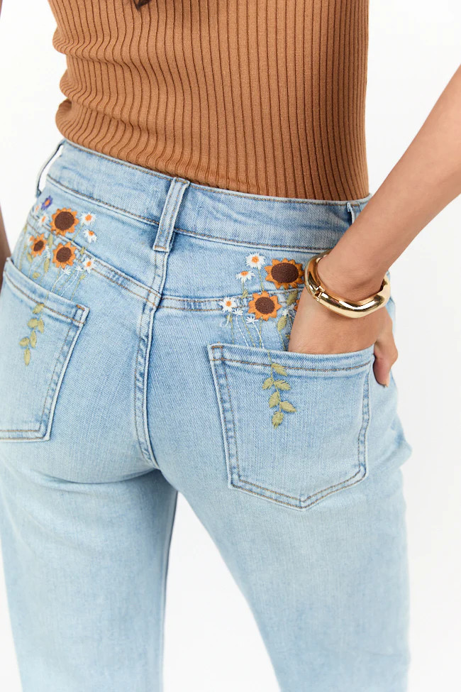 Lily Medium Wash Floral Embroidered Crop Relaxed Jeans | Pink Lily