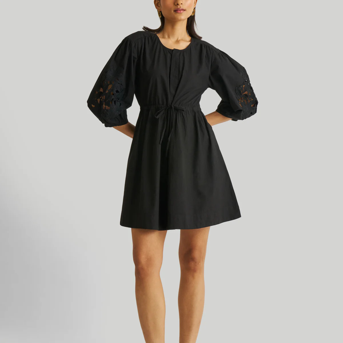 Shirt Dress with Balloon Sleeves in Black | Reistor