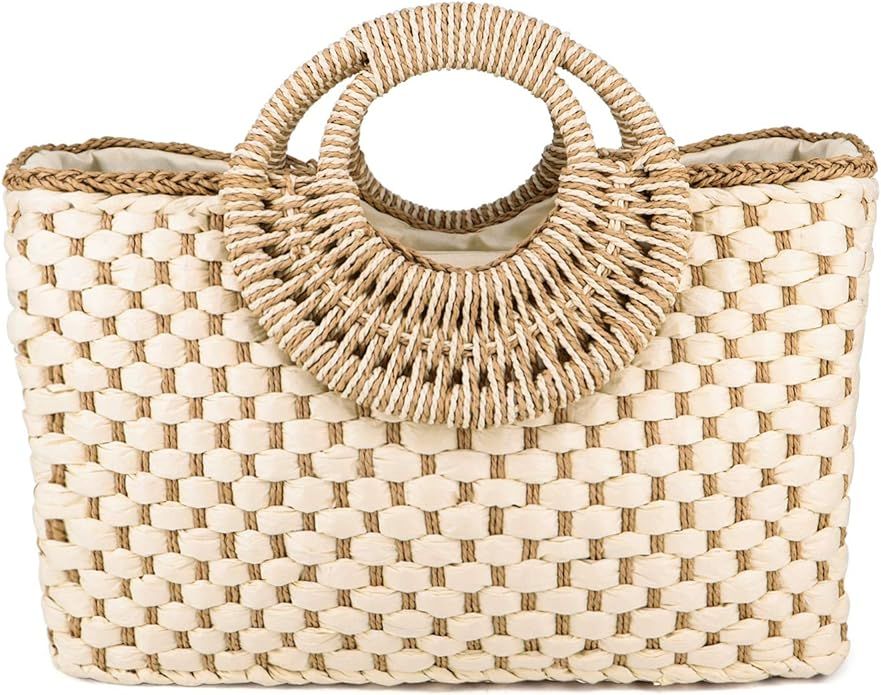 Women Summer Retro Straw Bag with Zip Hand-woven Beach Handbag Top Round Handle Boho Tote Bag Sho... | Amazon (US)