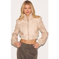 Stone Washed Faux Leather Cropped High Neck Shoulder Padded Bomber Jacket | PrettyLittleThing US