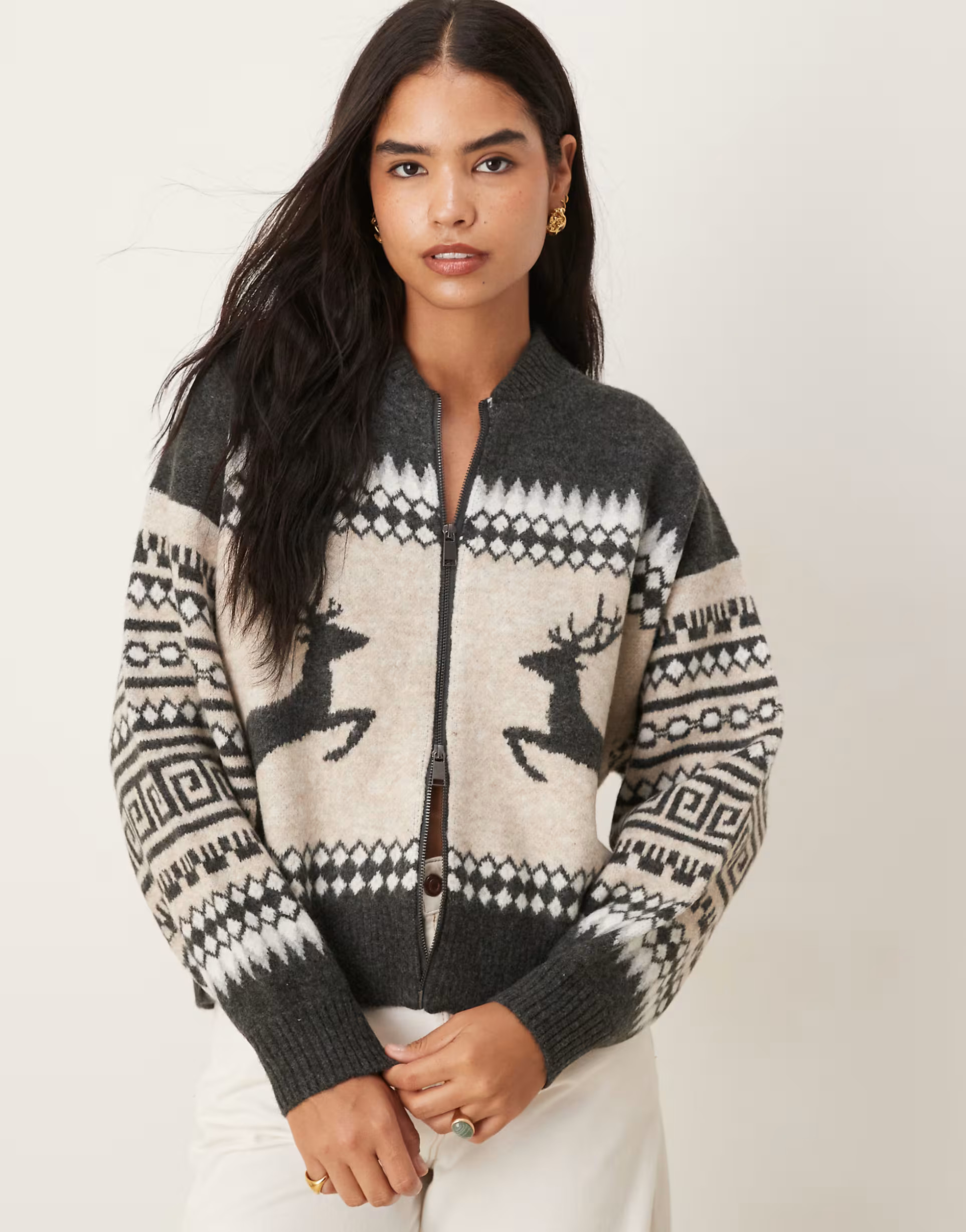 ASOS DESIGN reindeer fairisle bomber cardigan in grey | ASOS (Global)