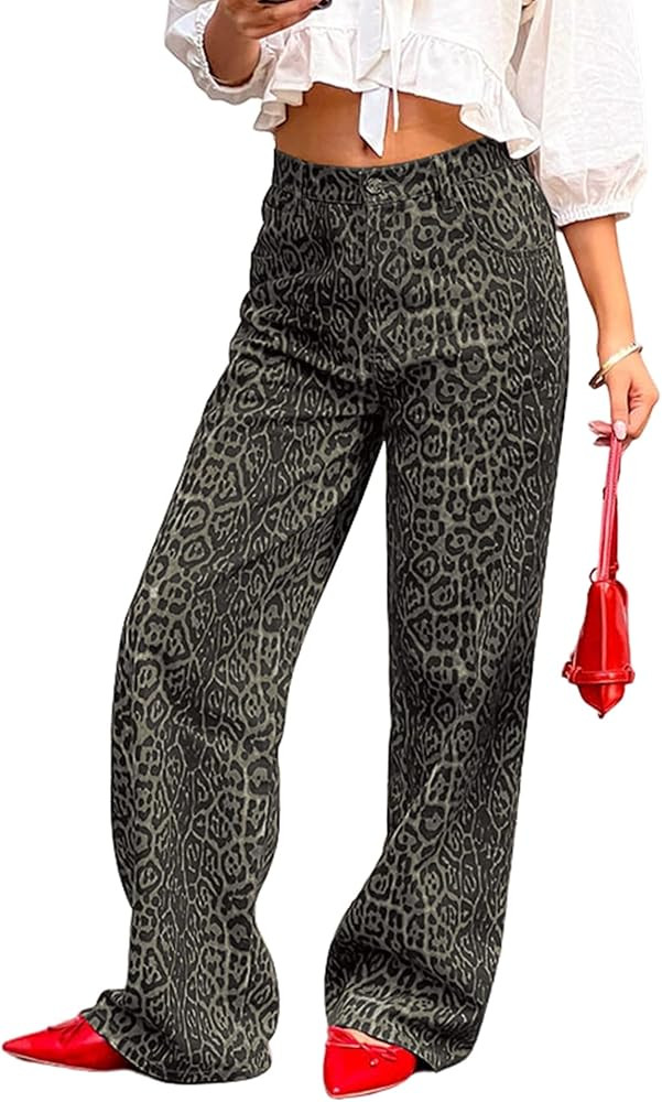 Womens Straight Leg Jeans, Leopard Print Cheetah Jeans for Women Trendy Baggy Wide Leg Loose Fit ... | Amazon (US)