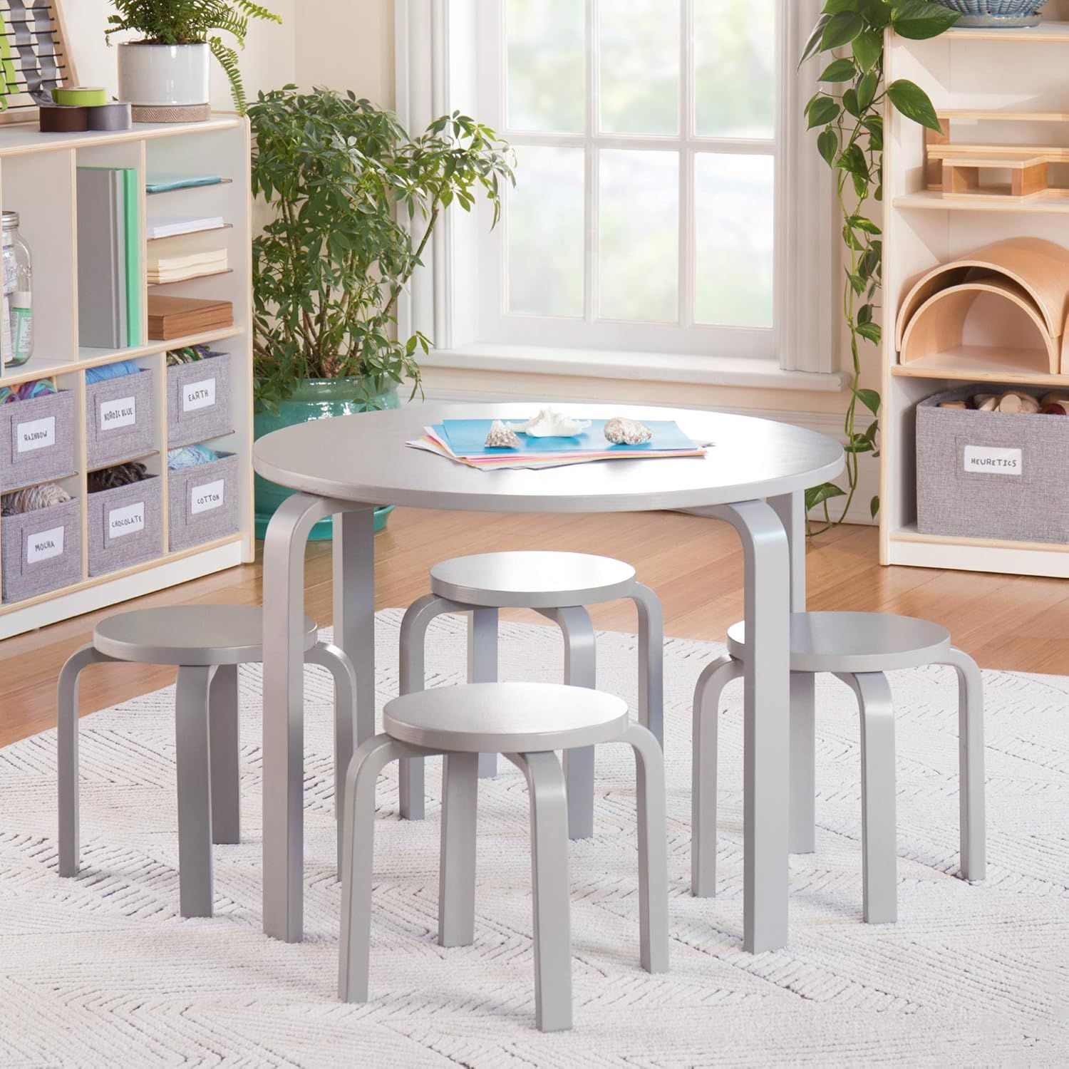 Guidecraft Nordic Table and Chairs Set for Toddlers: Gray - Stacking Bentwood Stools with Curved ... | Amazon (US)
