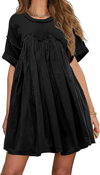 Meladyan Women Babydoll Mini Dress Pleated Tiered Crew Neck Short Sleeve Dresses Casual Solid Tunic Dress Black | Amazon (US)