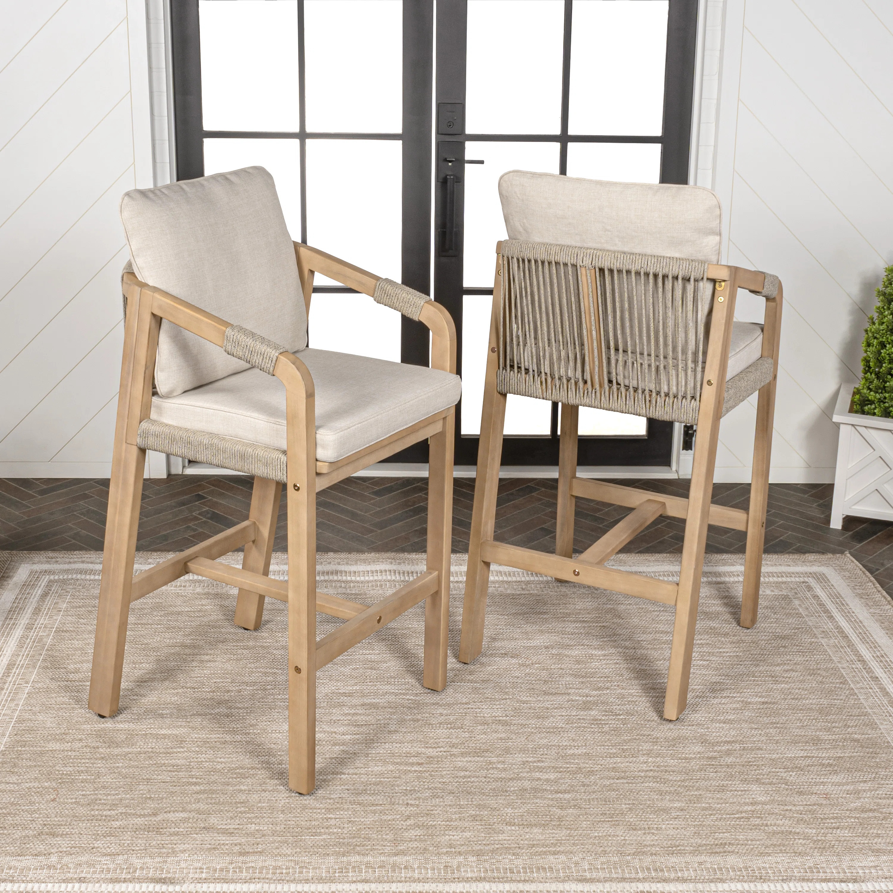 Meliton Acacia Outdoor 26.39'' Counter Stool with Cushion (Set of 2) | Wayfair North America