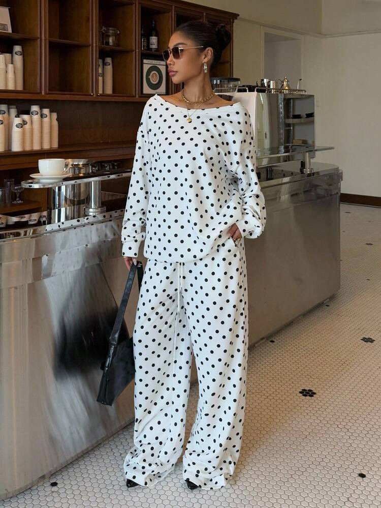 Muchica Women's Polka Dot Oblique Shoulder Loose Sweatshirt And Sweatpants Set, Autumn/Winter,For Going Out Outfits, Streetwear, Y2K Clothes,Cozy Fall And Winter Clothes For Women | SHEIN