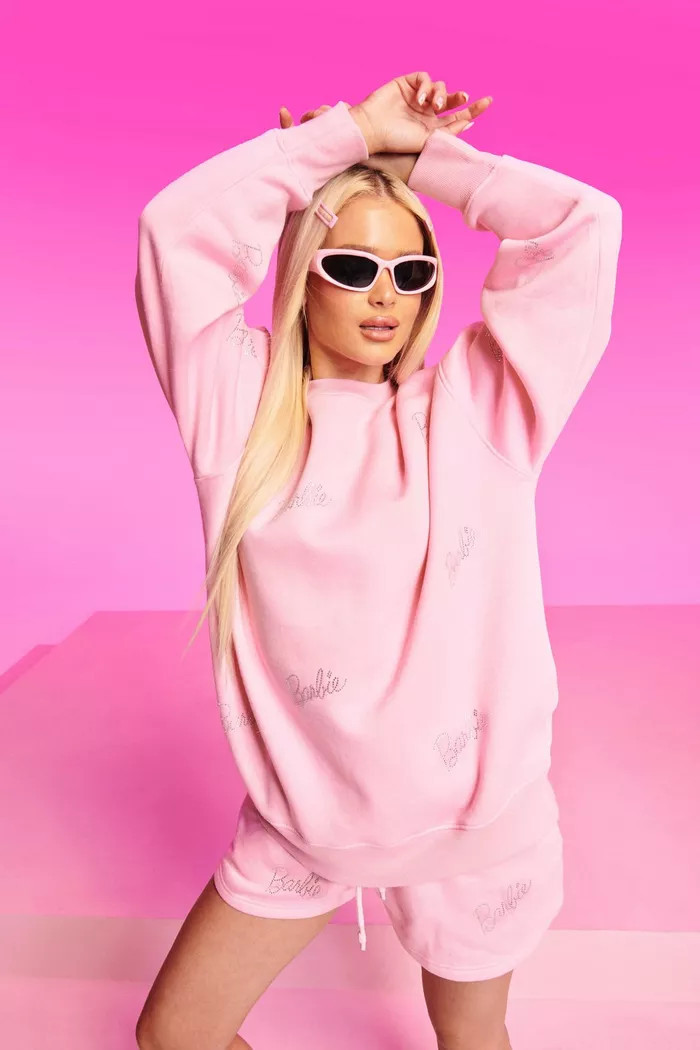 Barbie All Over Rhinestone Slogan Sweat Short | Boohoo.com (US & CA)