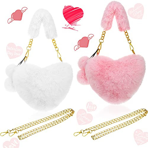 Saintrygo 2 Pcs Valentines Day Heart Shaped Purse Furry Purse Faux Fur Crossbody Shoulder Bag Cute Fluffy Clutch for Women(White, Pink) | Amazon (US)