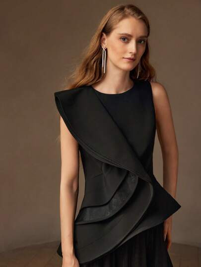 MOTF PREMIUM SOLID LAYERED RUFFLE TRIM ASYMMETRICAL HEM PEPLUM TOP
Details
 | SHEIN